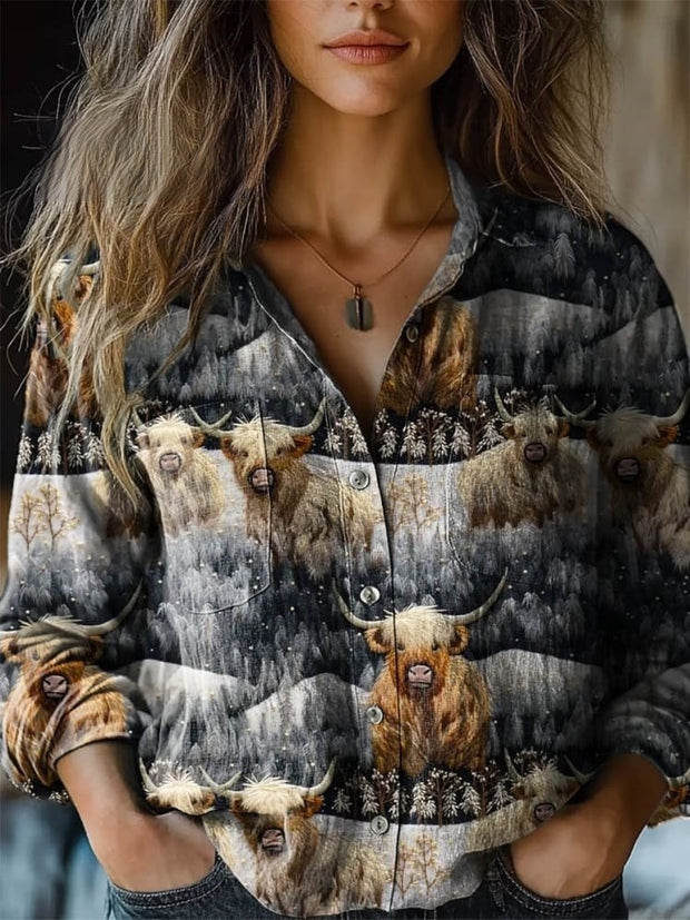 Women's Vintage Lovely Highland Cow Art Print Casual Long Sleeve Comfortable Cotton Shirt