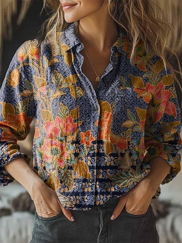 Women's Retro Ethnic Floral Pattern Printed Casual Long Sleeve Comfortable Cotton Shirt