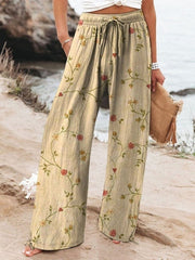 Women's Floral Art Printed Cotton And Linen Casual Pants