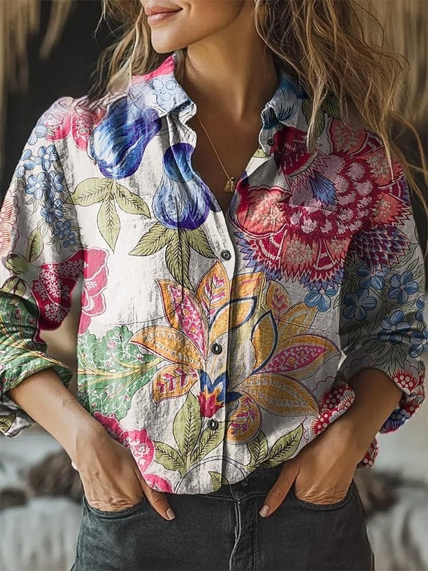 Women's Retro Floral Print Casual Long Sleeve Comfortable Cotton Shirt