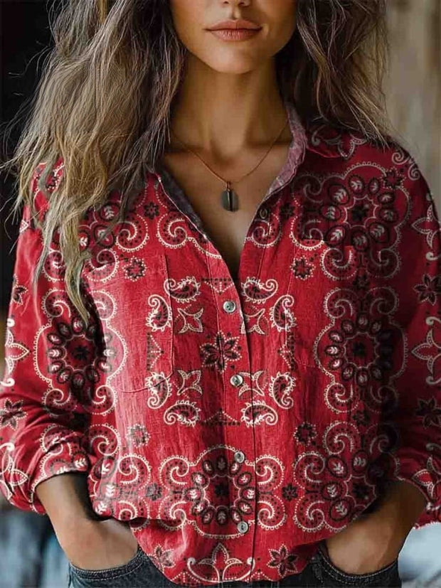 Women's Paisley Art Print Long Sleeve Comfortable Cotton Shirt