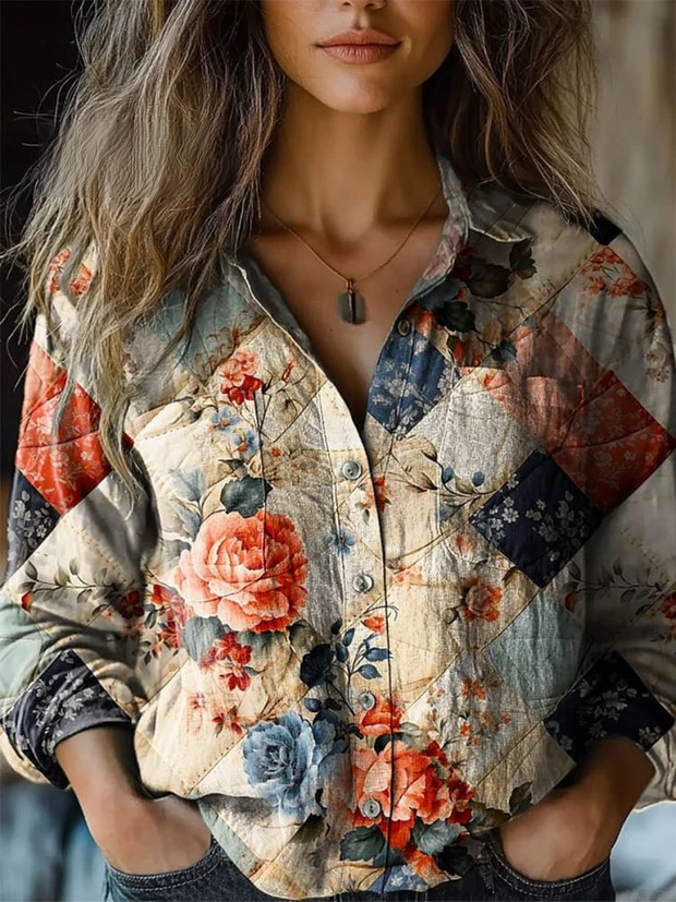 Women's Vintage Floral Patchwork Art Print Casual Long Sleeve Comfortable Cotton Shirt