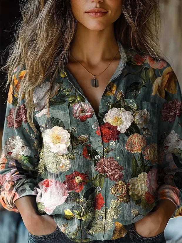 Women's Vintage Floral Art Print Casual Long Sleeve Comfortable Cotton Shirt