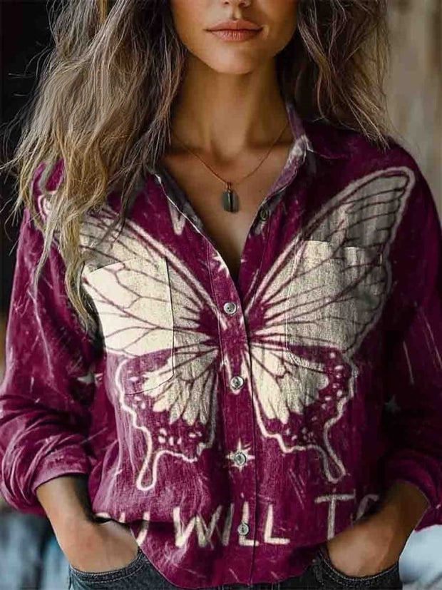 Women's Vintage Butterfly Print Casual Long Sleeve Comfortable Cotton Shirt