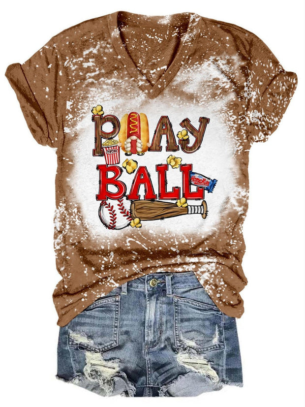 Play Ball Gnome Print Tie Dye V Neck T-Shirt