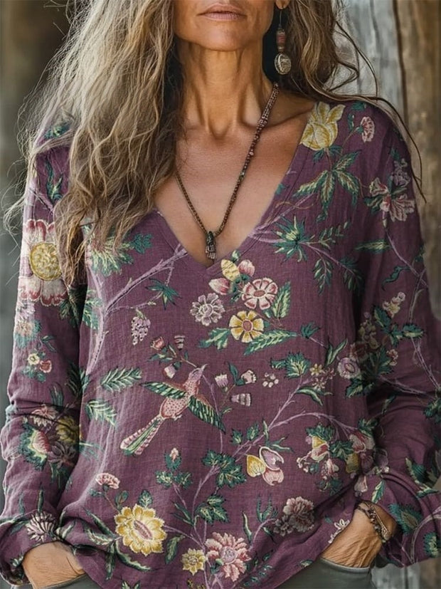 Women's Vintage Floral Print Casual V Neck Comfortable Cotton Shirt