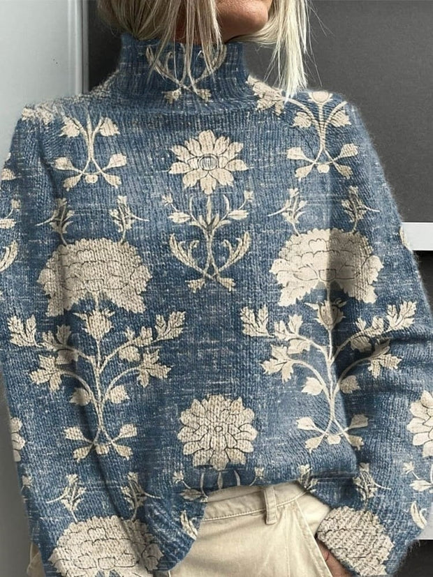 Women's Vintage Lovely Floral Art Print Knit Turtleneck Pullover Sweater