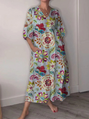 Women's Vintage Bright Ethnic Style Flowers Print Pocket V-neck Cotton Dress