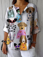 Fashionable And Interesting Cute Puppy Printed Cotton And Linen Shirt