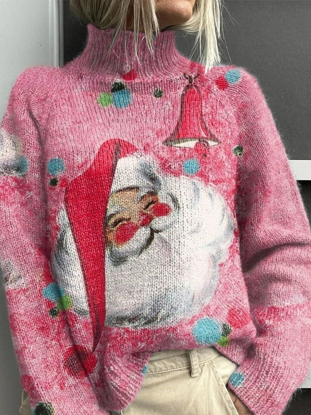 Santa Claus Art Print Knitted Turtleneck Pullover Sweater