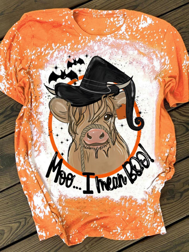 Moo I Mean Boo Cow Print Crew Neck Top