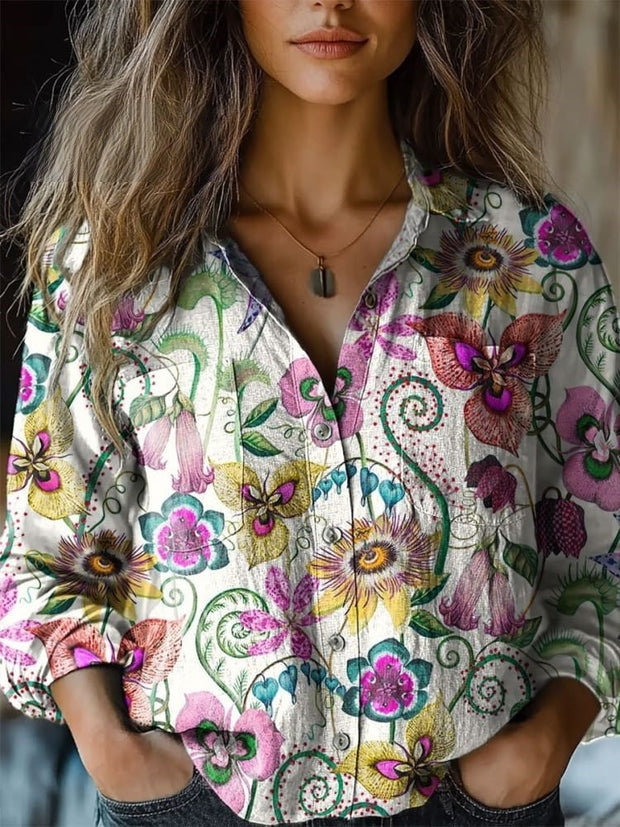 Women's Vintage Floral Art Print Casual Long Sleeve Comfortable Cotton Shirt