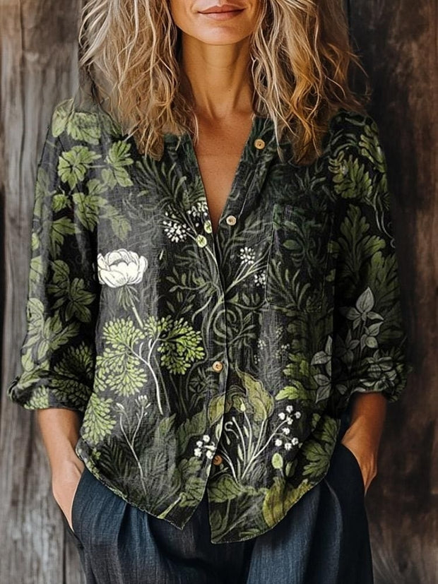 Women's Botanical Floral Print Casual Long Sleeve Comfortable Cotton Shirt