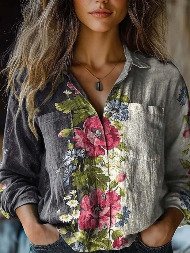 Women's Floral Patchwork Art Print Casual Long Sleeve Comfortable Cotton Shirt