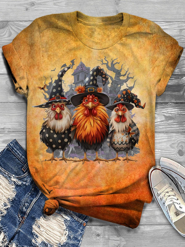 Spooky Witch Chickens Crew Neck T-shirt