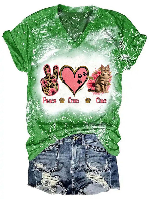 Peace Love Cat Print V-Neck Top