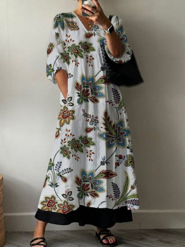 Women's Boho Vintage Floral Print Pocket V-neck Cotton Dress