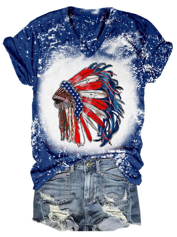 Star Stripe Native American Headwear Tie Dye V Neck T-Shirt