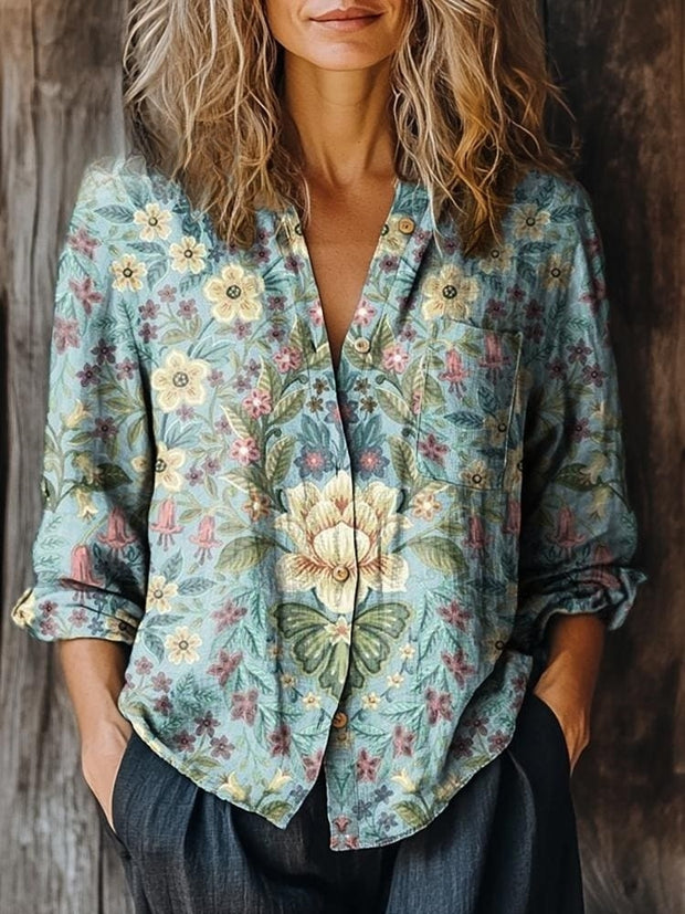 Women's Vintage Floral Art Print Casual Long Sleeve Comfortable Cotton Shirt