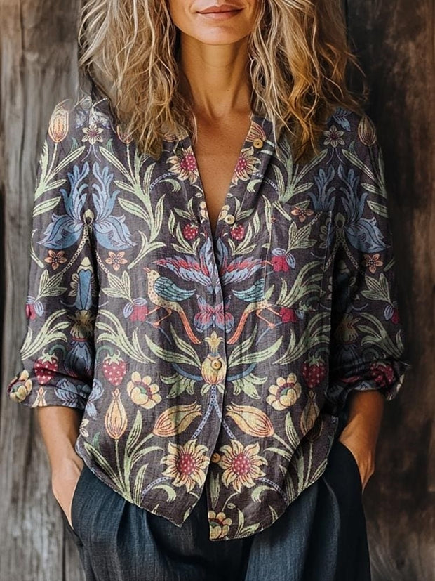 Women's Vintage Floral Art Print Casual Long Sleeve Comfortable Cotton Shirt