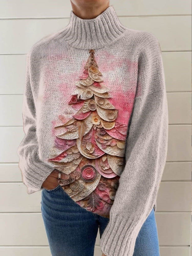 Women's Lovely Christmas Tree Art Print Knit Turtleneck Pullover Sweater