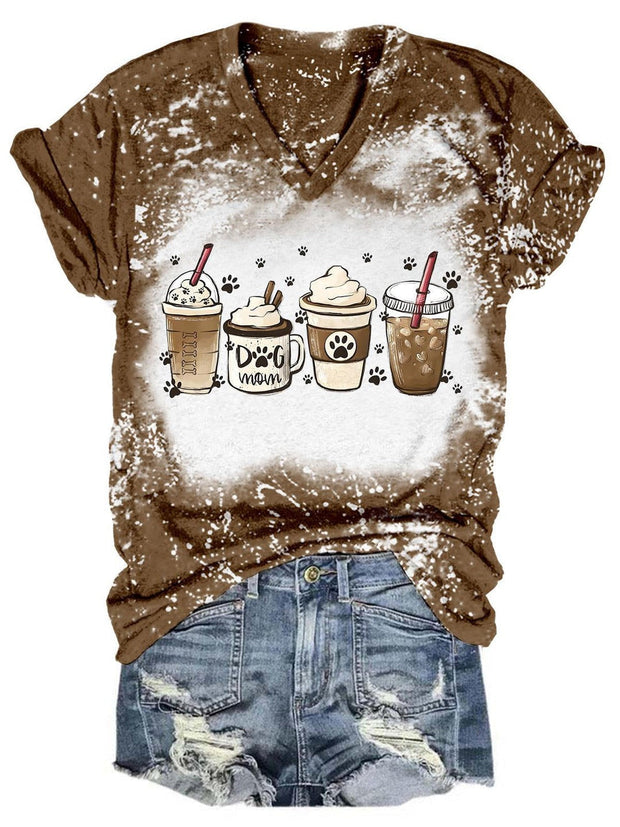 Dog Mom Coffee Drink Tie Dye V Neck T-Shirt