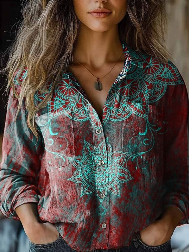 Women's Vintage Mandala Print Casual Western Shirt