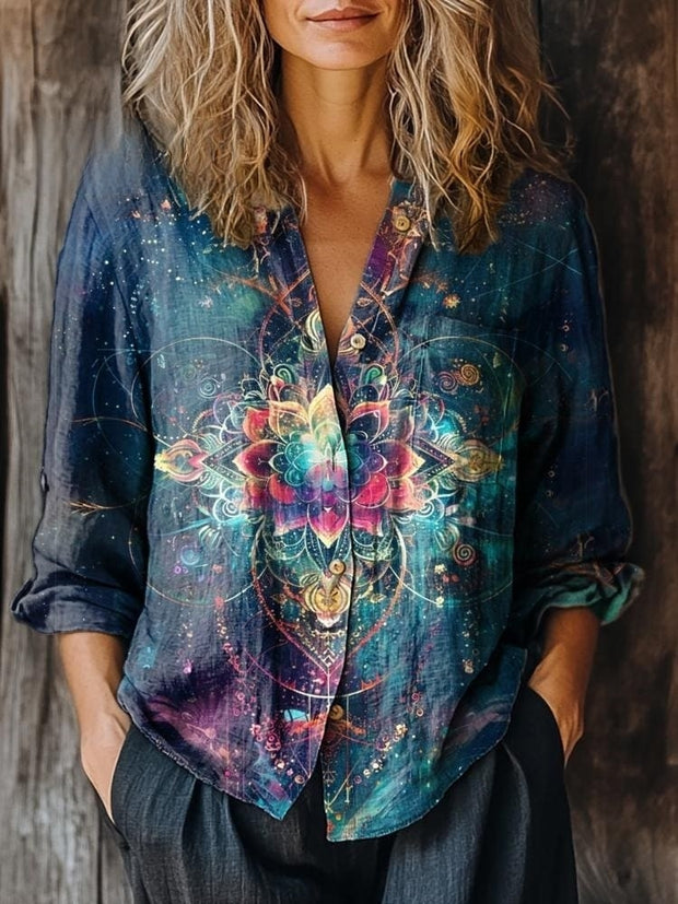 Women's Vintage Boho Mandala Pattern Print Casual Long Sleeve Cotton Shirt