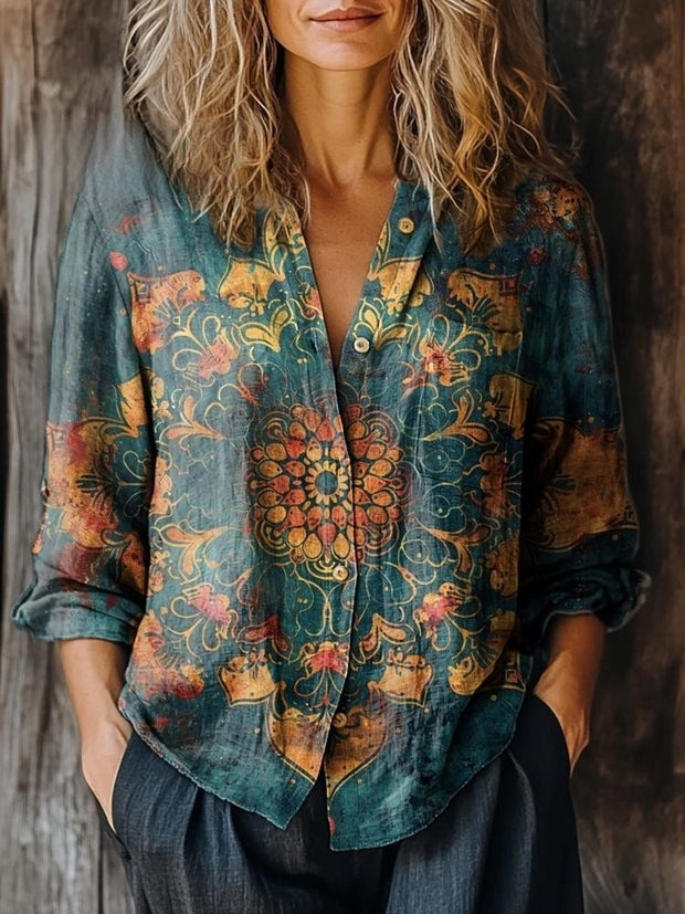 Women's Vintage Mandala Pattern Print Casual Long Sleeve Cotton Shirt