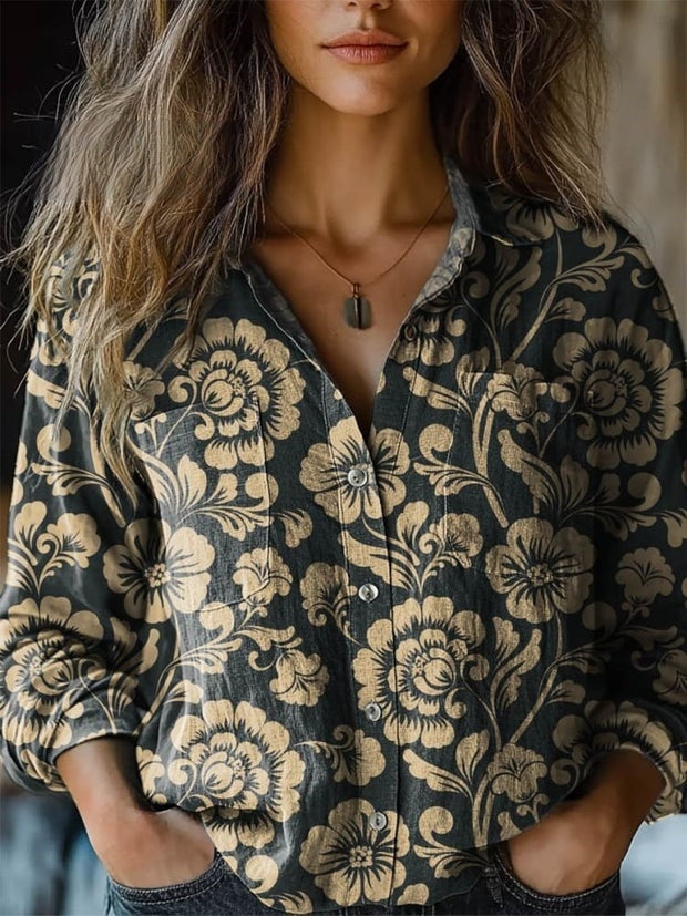 Women's Lovely Floral Art Print Casual Long Sleeve Comfortable Cotton Shirt Regular price $38.99