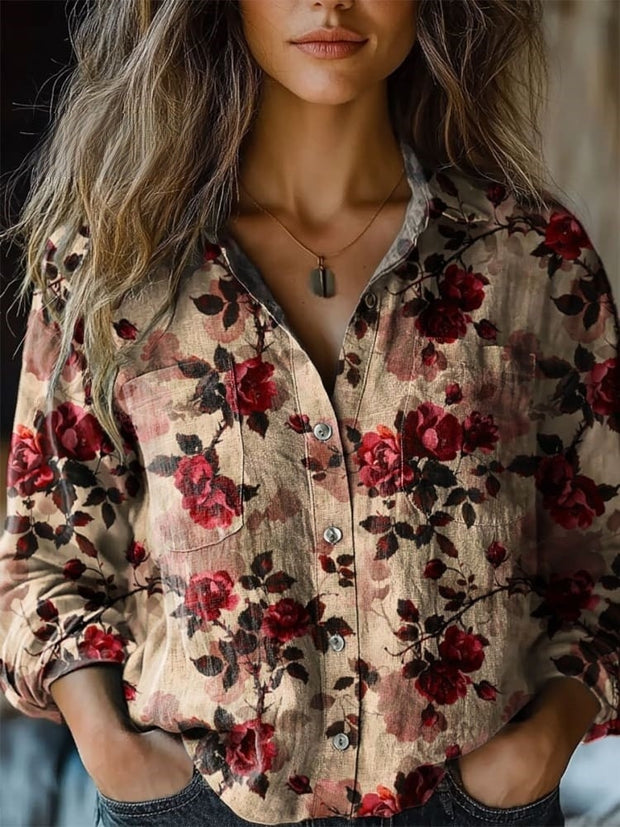 Women's Vintage Floral Art Print Casual Long Sleeve Comfortable Cotton Shirt