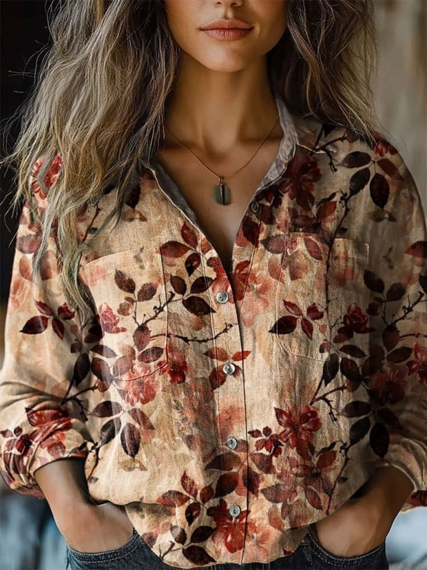 Women's Vintage Floral Art Print Casual Long Sleeve Comfortable Cotton Shirt