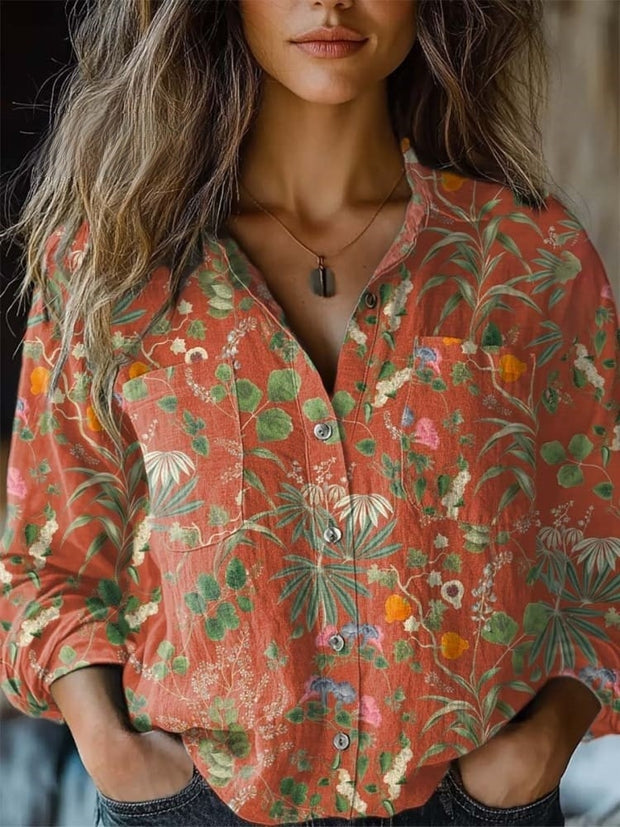 Women's Boho Vintage Floral Print Casual Long Sleeve Comfortable Cotton Shirt