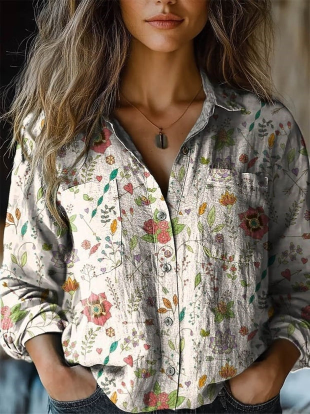 Women's Lovely Floral Art Print Casual Long Sleeve Comfortable Cotton Shirt