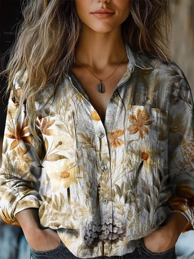 Women's Vintage Lovely Floral Art Print Casual Long Sleeve Comfortable Cotton Shirt