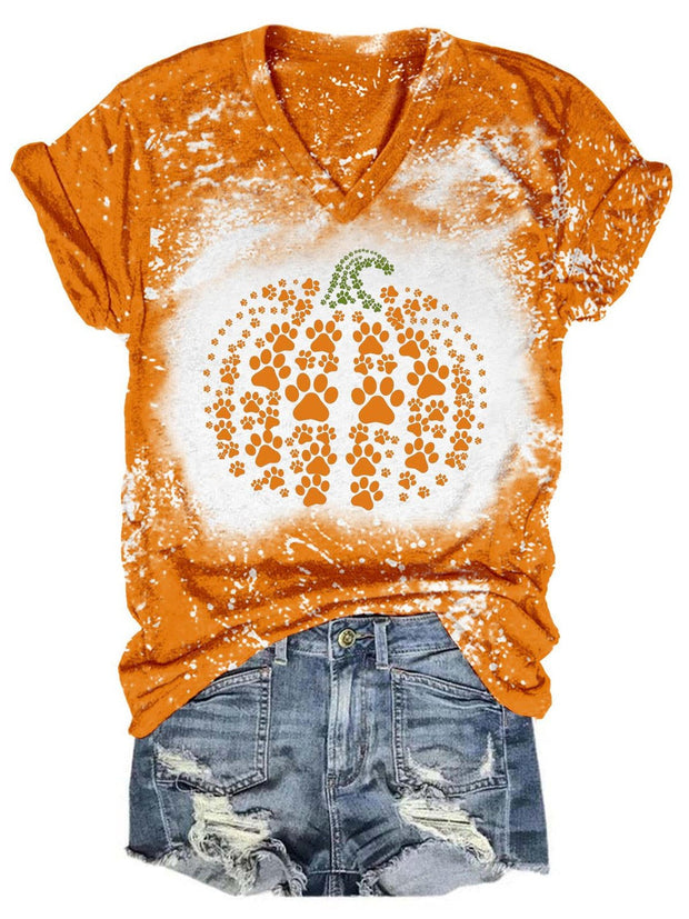 Paw Pumpkin Print V-Neck Tie Dye T-Shirt