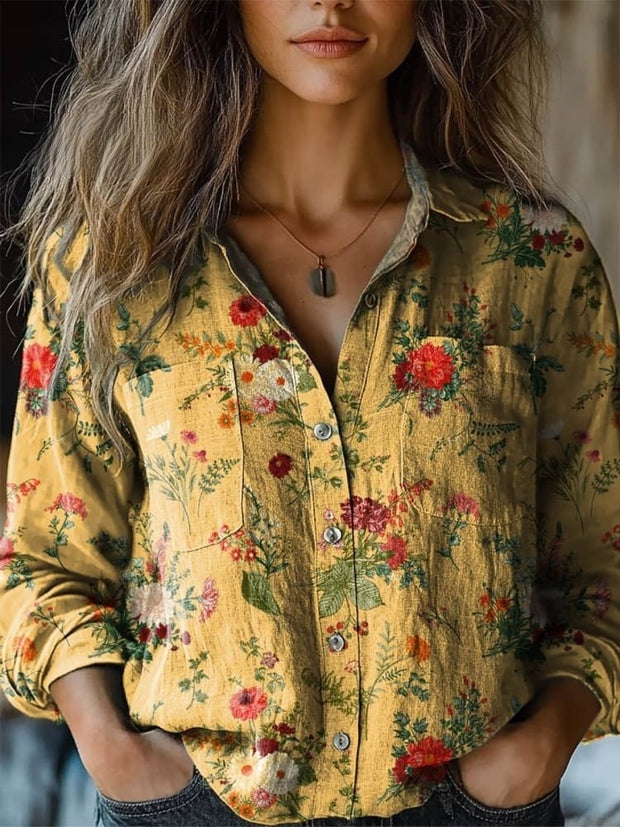 Women's Vintage Lovely Floral Art Print Casual Long Sleeve Comfortable Cotton Shirt