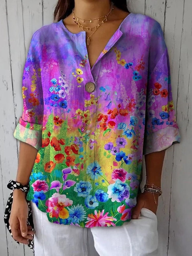 Bright And Beautiful Watercolor Flowers Printed Cotton And Linen Shirt