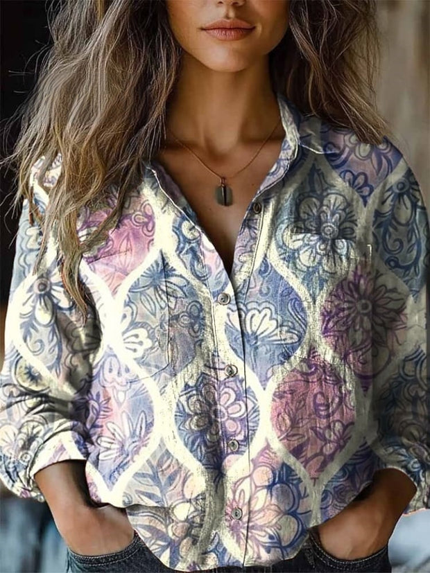 Women's Vintage Ethnic Floral Print Casual Western Shirt