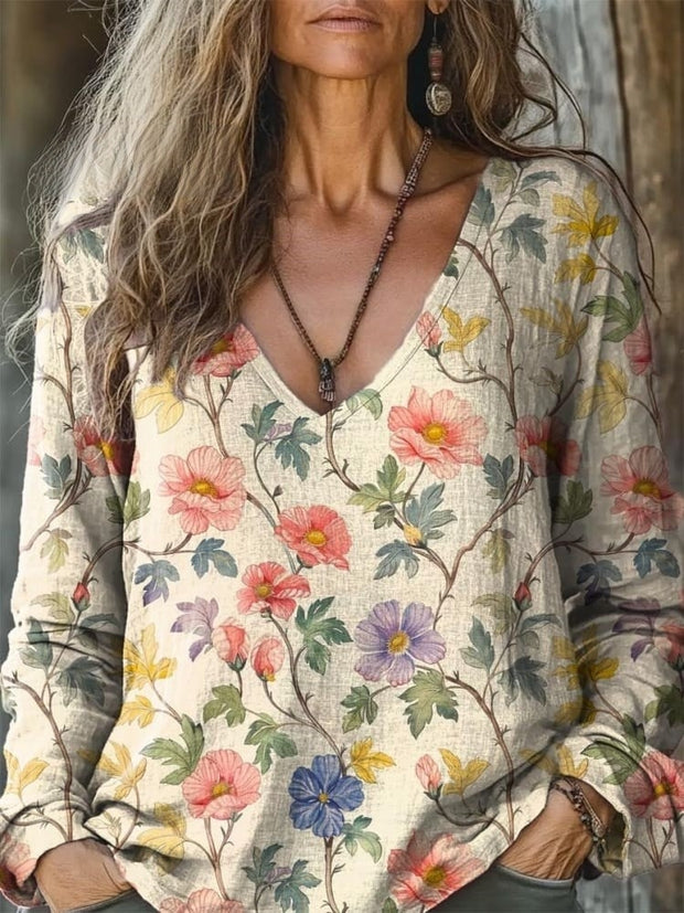 Women's Vintage Lovely Floral Art Print Casual Long Sleeve Comfortable Cotton Shirt