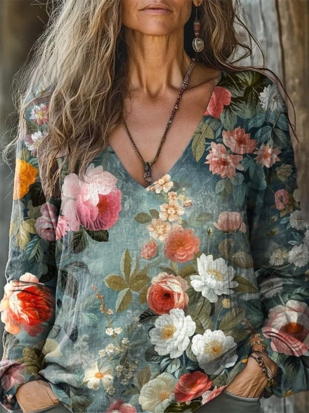 Women's Vintage Lovely Floral Art Print Casual Long Sleeve Comfortable Cotton Shirt