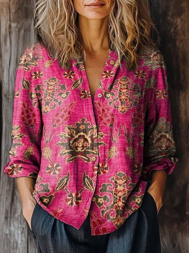 Women's Bohemian Floral Art Print Casual Pocket Cotton Shirt