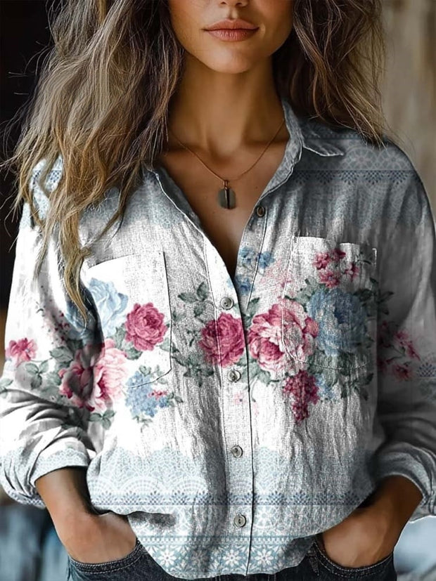 Women's Floral Patchwork Art Print Casual Long Sleeve Comfortable Cotton Shirt