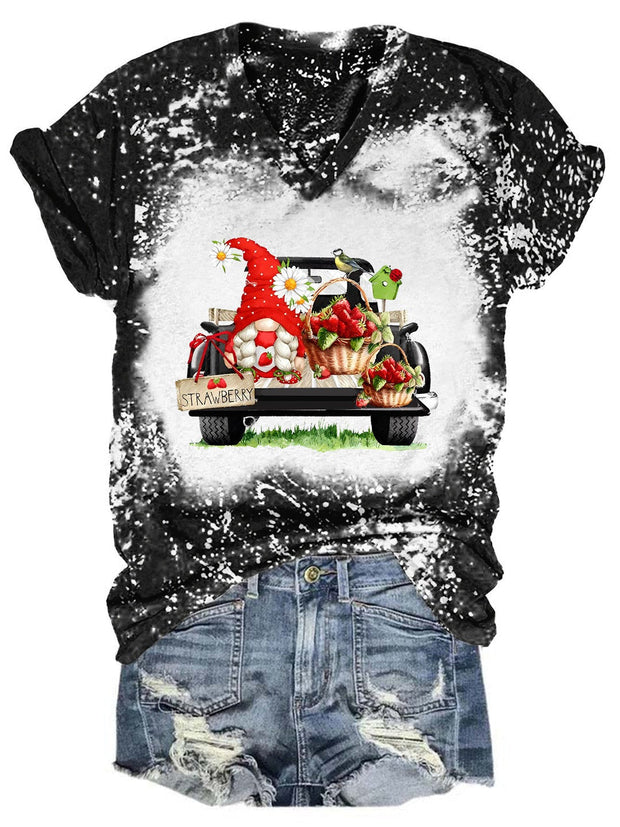 Strawberry Truck Gnome Tie Dye V Neck T-shirt