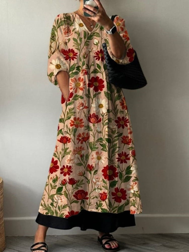 Women's Vintage Flowers Print Pocket V-neck Cotton Dress