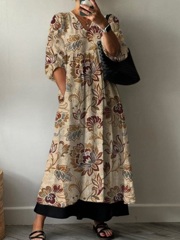 Women's Vintage Brown Flowers Print Pocket V-neck Cotton Dress