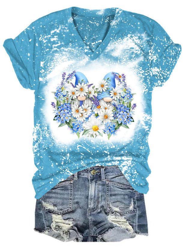 Daisy Gnome Print V-Neck T-Shirt