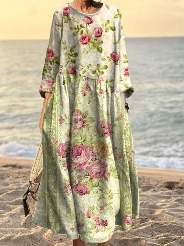 Women's Retro Floral Pattern Print Bag Elegant Cotton Dress