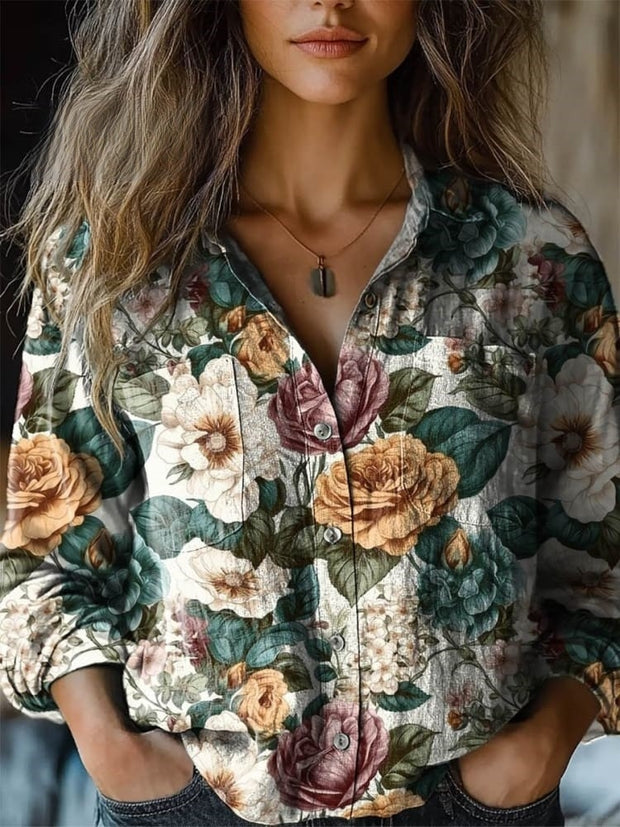 Women's Vintage Lovely Floral Art Print Casual Long Sleeve Comfortable Cotton Shirt