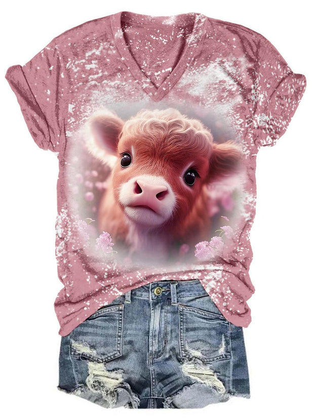 Floral Baby Highland Cow Tie Dye V Neck Casual T-Shirt